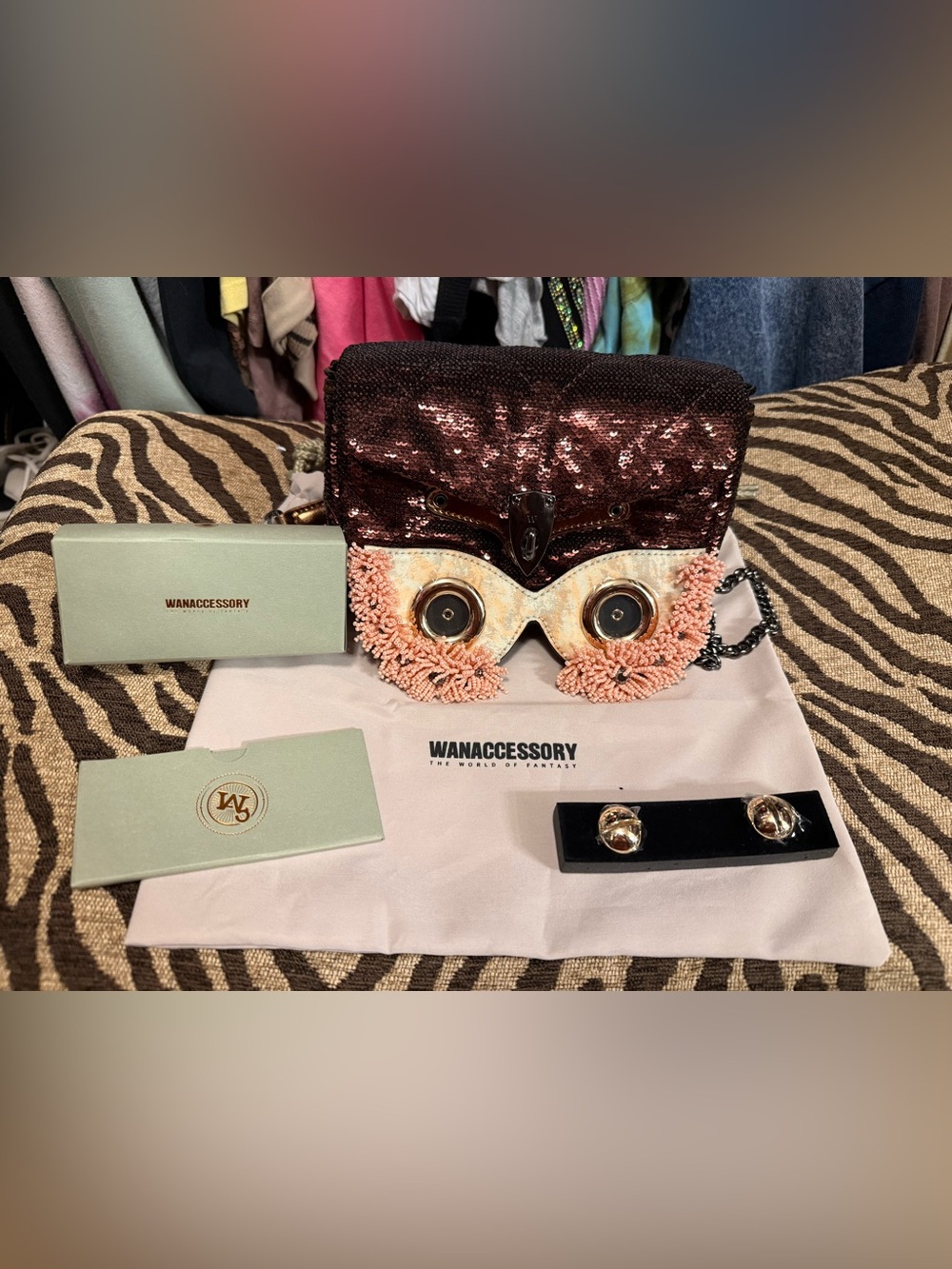 Sequin Owl Crossbody Bag in Rose Brown and Peach